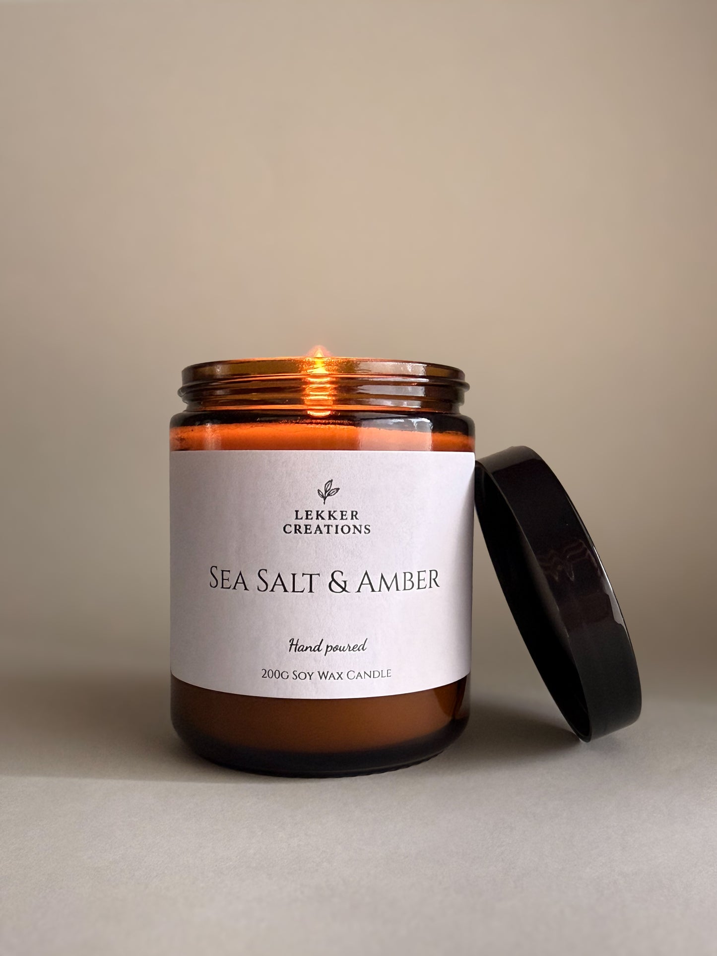 Hand-Poured Soy Candle – Sea Salt & Amber 200g | Lekker Creations