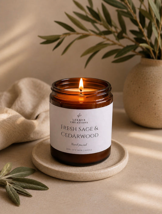 Hand-Poured Soy Candle – Fresh Sage & Cedarwood 200g | Lekker Creations