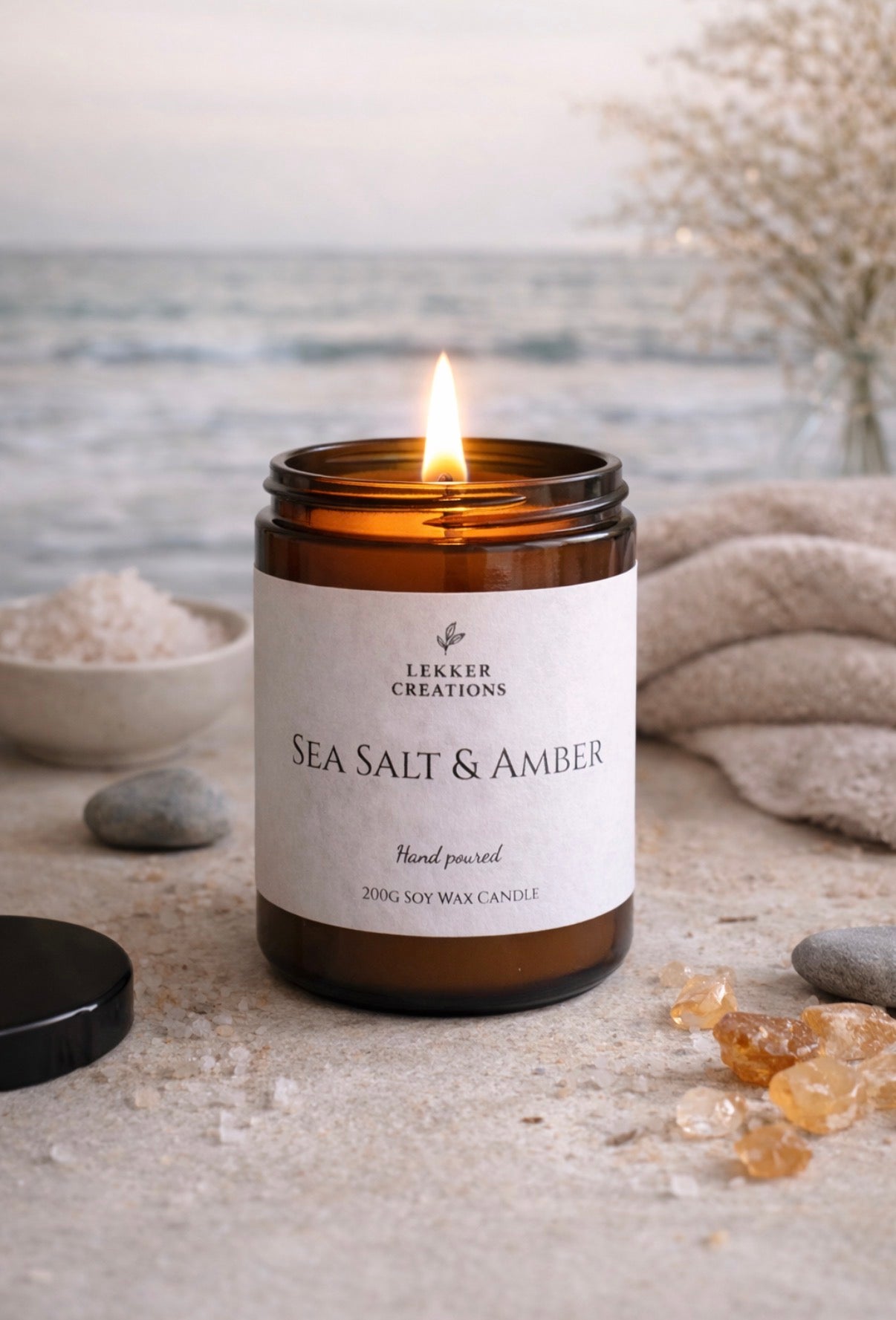 Hand-Poured Soy Candle – Sea Salt & Amber 200g | Lekker Creations