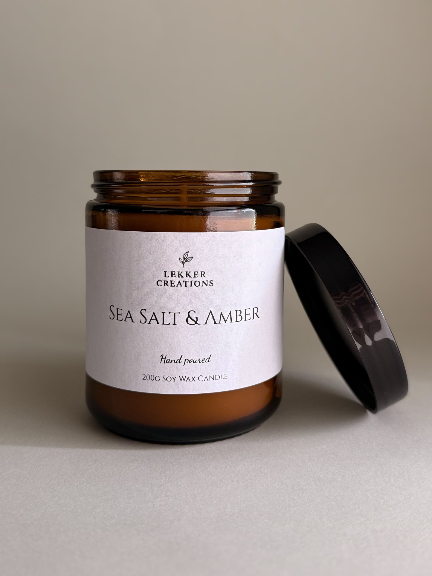 Hand-Poured Soy Candle – Sea Salt & Amber 200g | Lekker Creations
