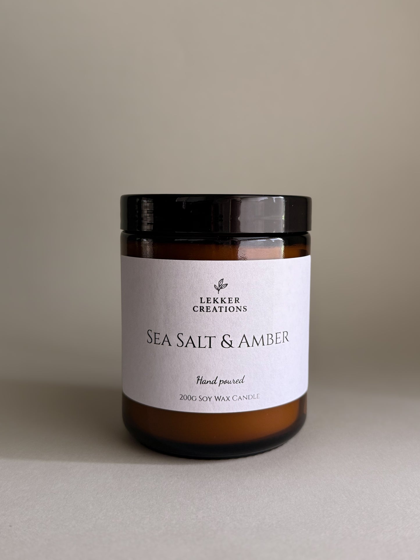 Hand-Poured Soy Candle – Sea Salt & Amber 200g | Lekker Creations