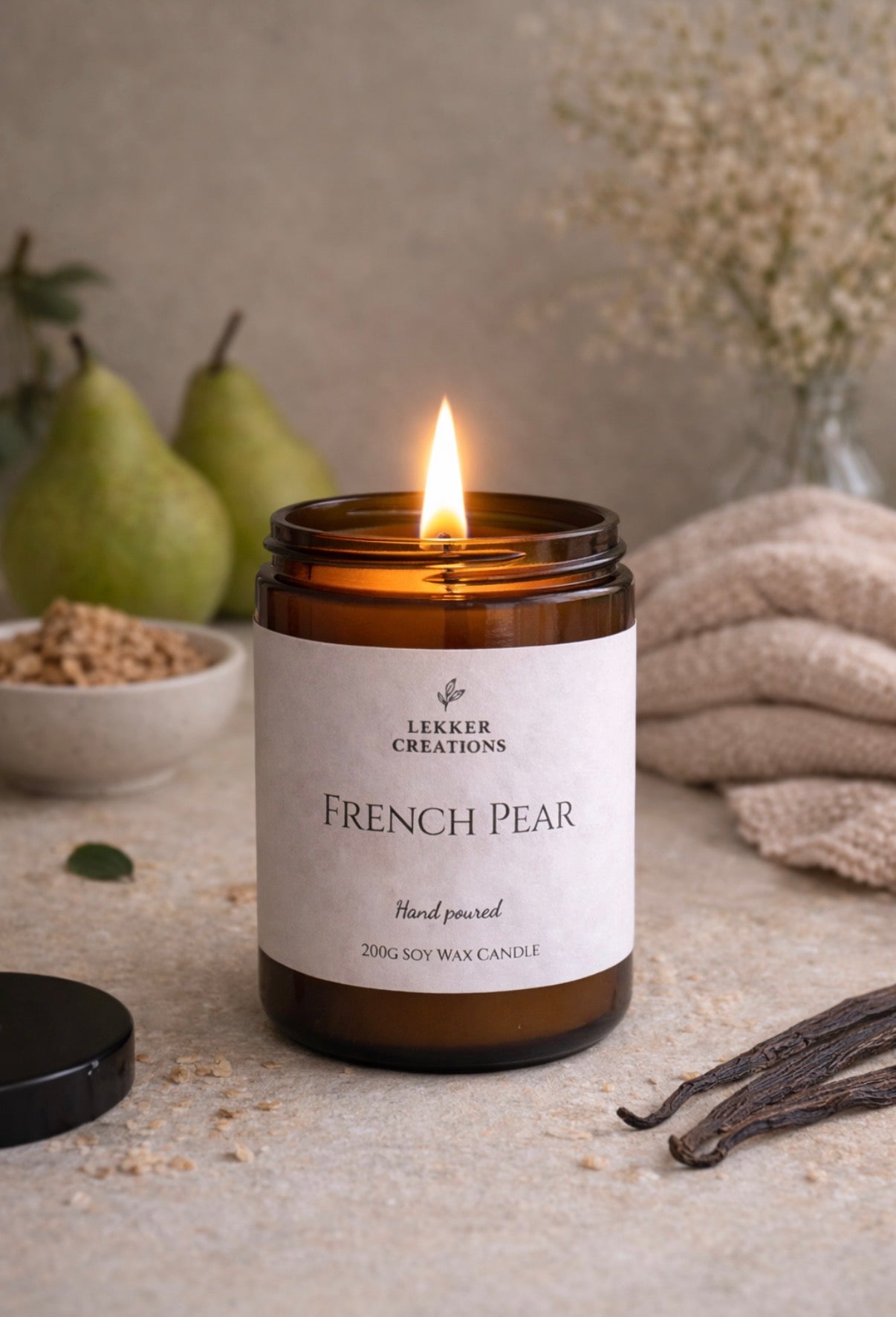 Hand-Poured Soy Candle – French Pear 200g | Lekker Creations