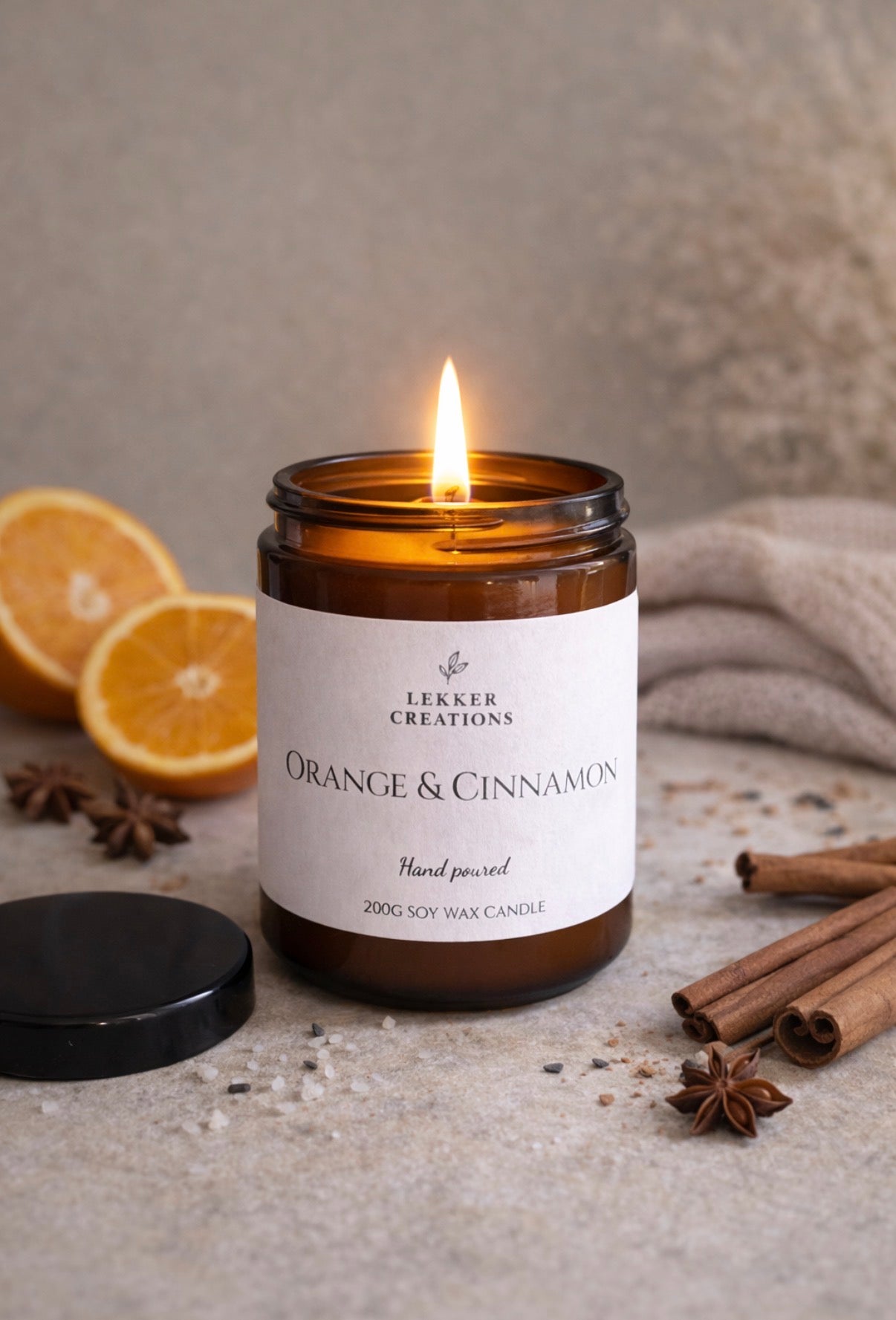 Hand-Poured Soy Candle – Orange & Cinnamon 200g | Lekker Creations