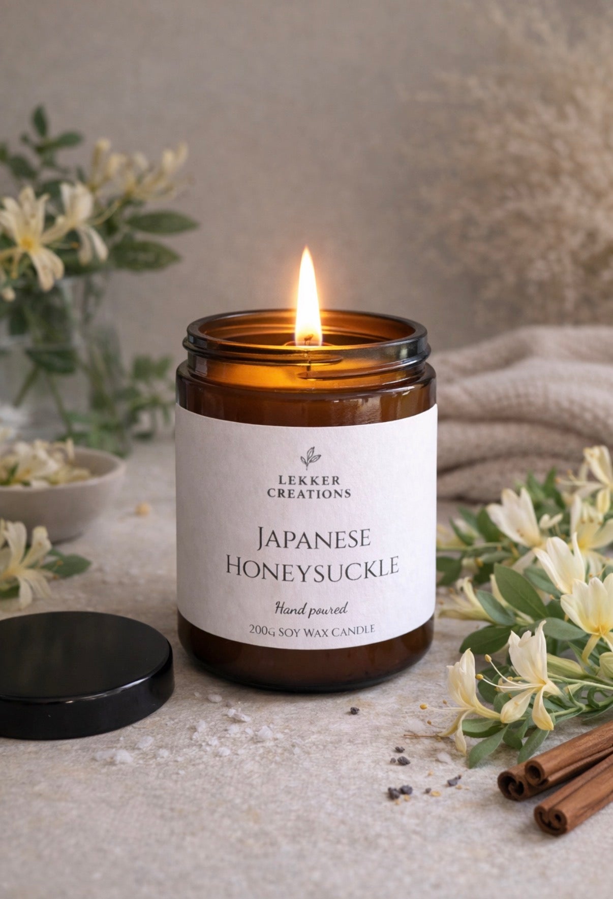 Hand-Poured Soy Candle – Japanese Honeysuckle 200g | Lekker Creations