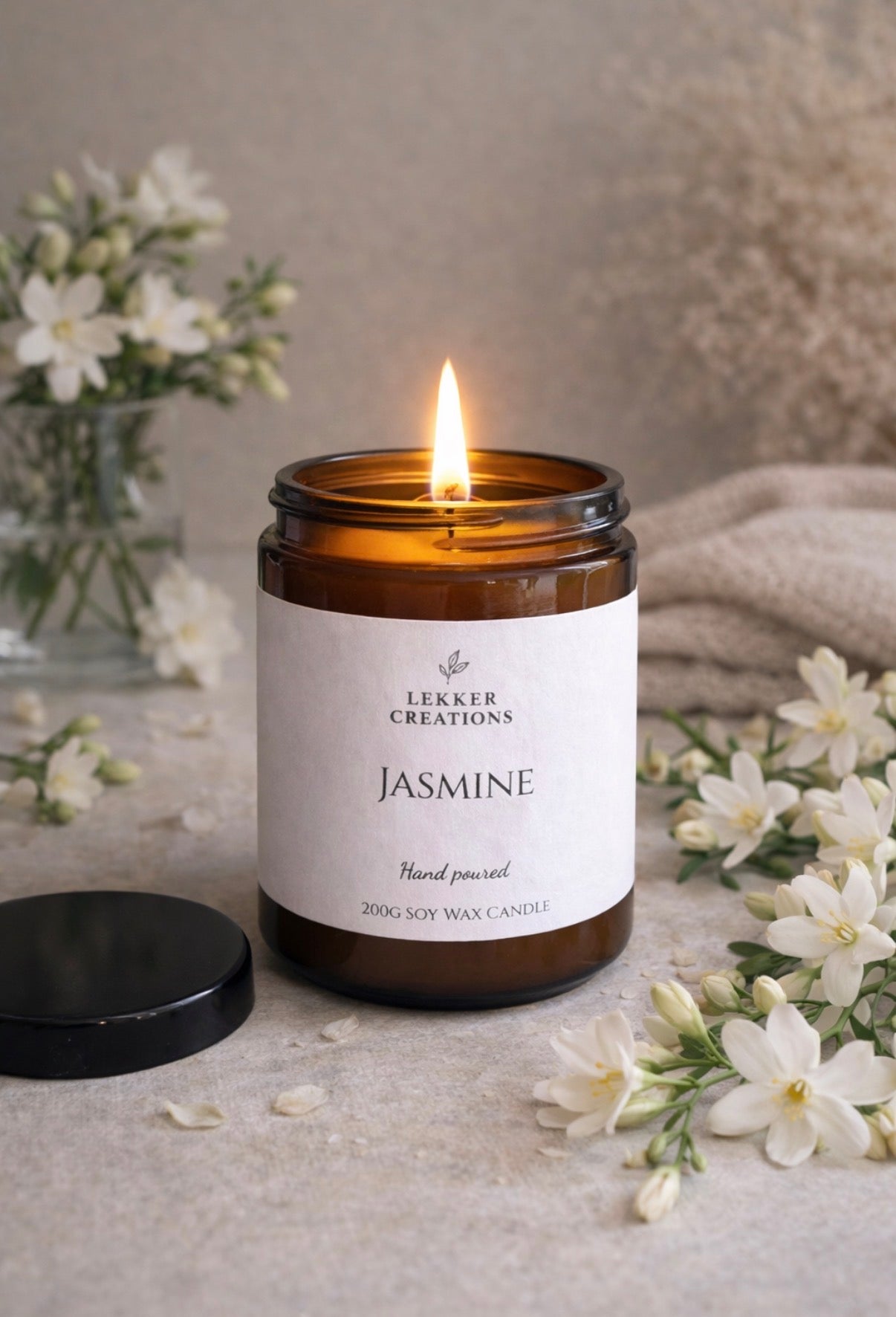 Hand-Poured Soy Candle – Jasmine 200g | Lekker Creations
