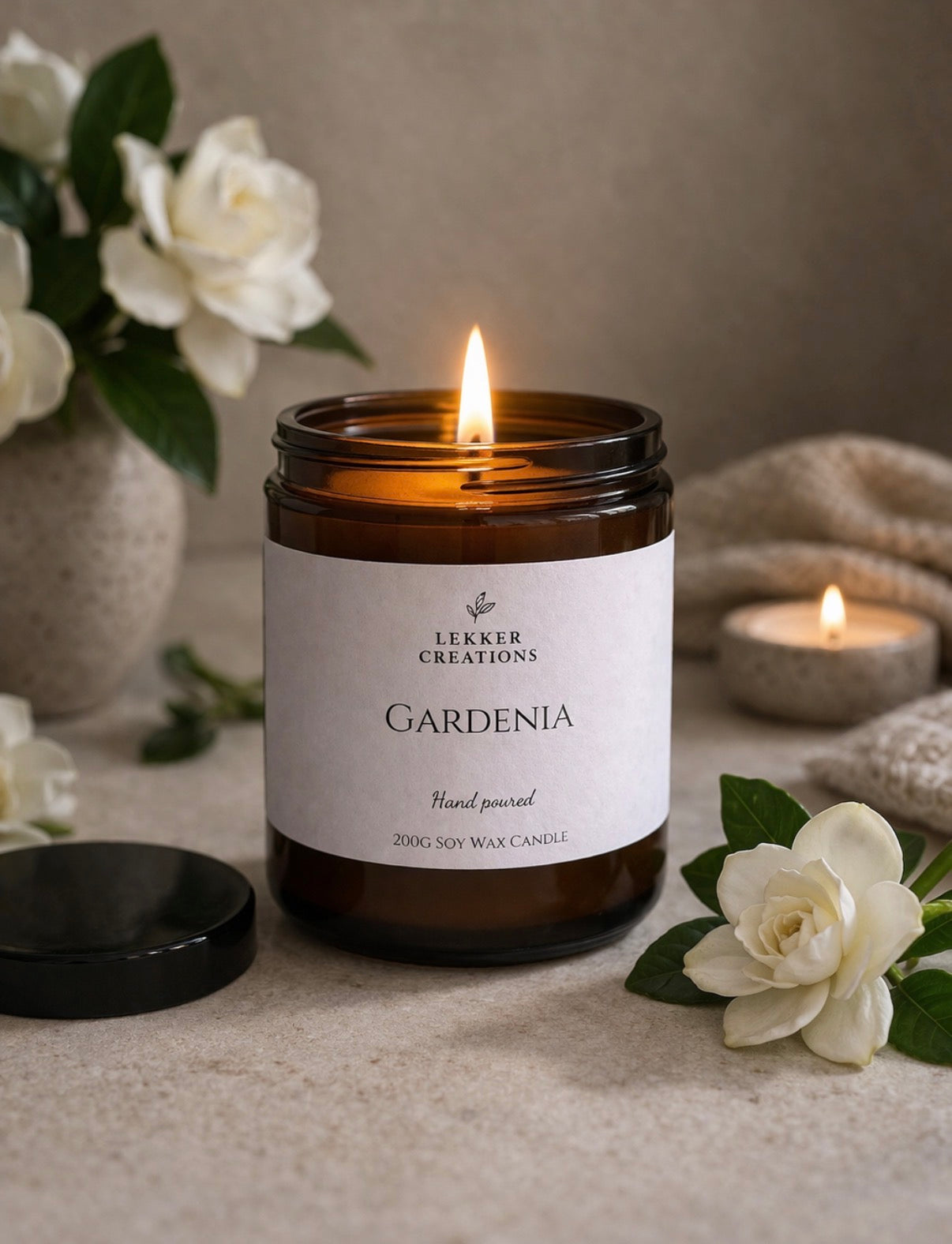 Hand-Poured Soy Candle – Gardenia 200g | Lekker Creations